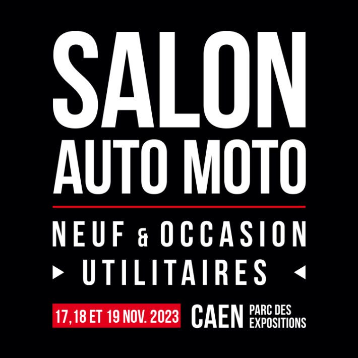 Logo du Salon Auto Moto 2023 à Caen, mettant en avant voitures neuves et d'occasion.
